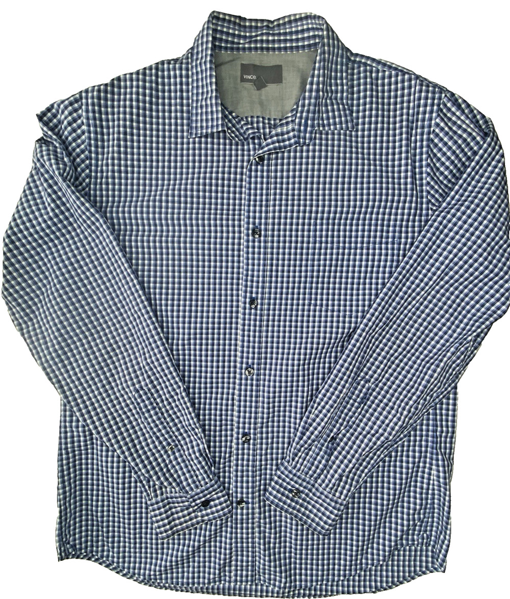 Vince Shirt Mens Large Blue & White Plaid Button Down Cotton Office Long Sleeve
